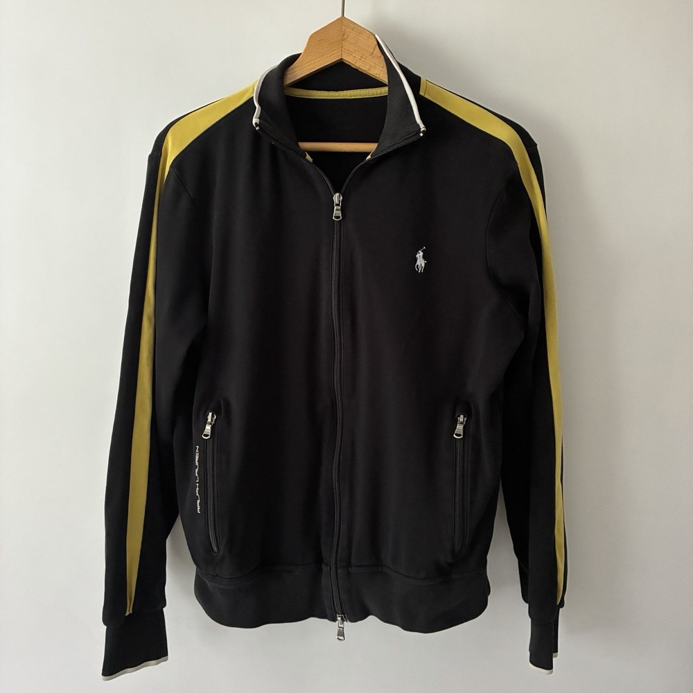 Polo Ralph Lauren Performance Track Jacket Men M Black Yellow Stripe Pony Y2K